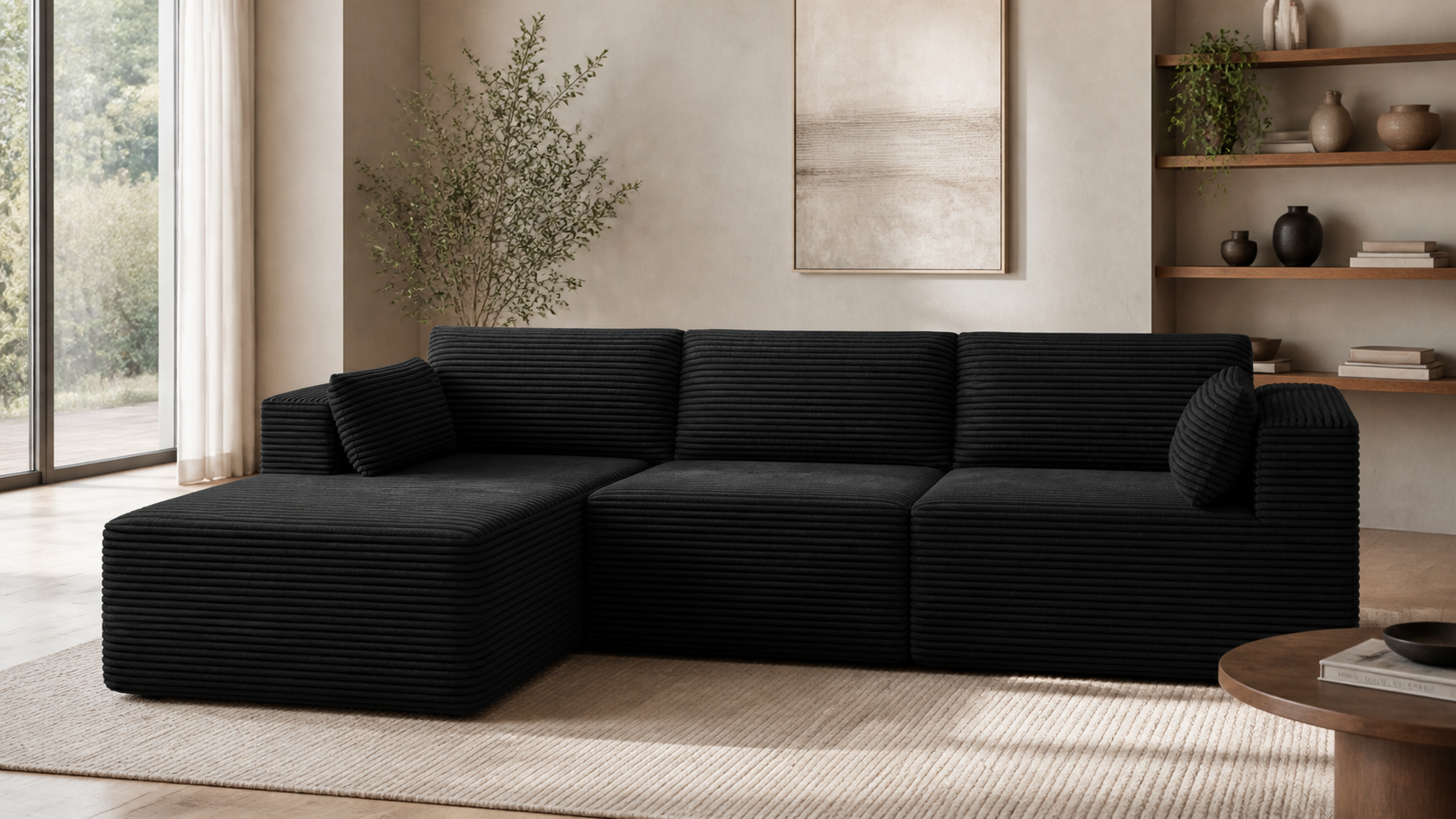M01 best-selling deep charcoal L-shaped sectional sofa with a left-facing chaise